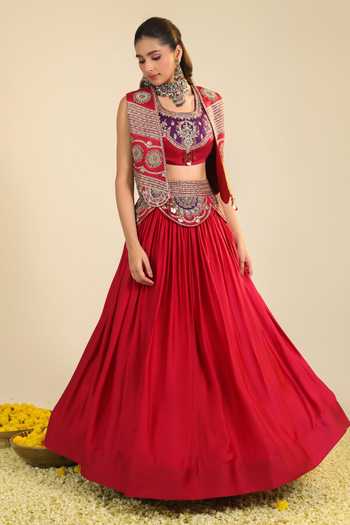 Roohbyridhimaa Red Silk Satin, Organza Scoop Neck, Deep Ira Embroidered Jacket Lehenga Set at Aza Fashions Roohbyridhimaa_Red Silk Satin, Organza Scoop Neck, Deep Ira Embroidered Jacket Lehenga Set _at_Aza_Fashions
