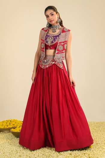 Buy Roohbyridhimaa Red Silk Satin, Organza Scoop Neck, Deep Ira Embroidered Jacket Lehenga Set Buy_Roohbyridhimaa_Red Silk Satin, Organza Scoop Neck, Deep Ira Embroidered Jacket Lehenga Set