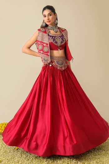 Shop Roohbyridhimaa Red Silk Satin, Organza Scoop Neck, Deep Ira Embroidered Jacket Lehenga Set Shop_Roohbyridhimaa_Red Silk Satin, Organza Scoop Neck, Deep Ira Embroidered Jacket Lehenga Set