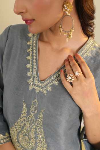 Shop Roohbyridhimaa Blue Organza V-neck Mist Janki Scalloped Kurta Set Online at Aza Fashions Shop_Roohbyridhimaa_Blue Organza V-neck Mist Janki Scalloped Kurta Set _Online_at_Aza_Fashions