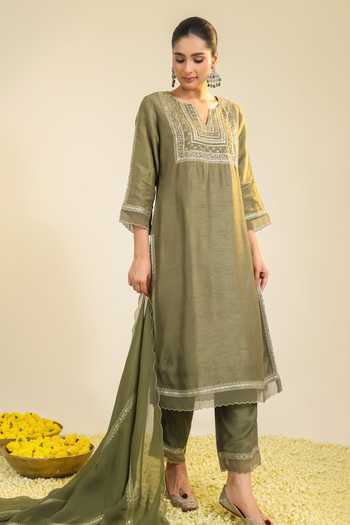 Buy Roohbyridhimaa Olive Green Silk, Organza, Viscose Split Sage Mughal Embroidered Kurta Set Online at Aza Fashions Buy_Roohbyridhimaa_Olive Green Silk, Organza, Viscose Split Sage Mughal Embroidered Kurta Set _Online_at_Aza_Fashions