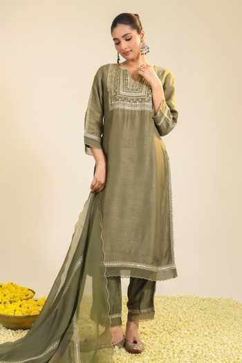 Shop Roohbyridhimaa Olive Green Silk, Organza, Viscose Split Sage Mughal Embroidered Kurta Set Online at Aza Fashions Shop_Roohbyridhimaa_Olive Green Silk, Organza, Viscose Split Sage Mughal Embroidered Kurta Set _Online_at_Aza_Fashions