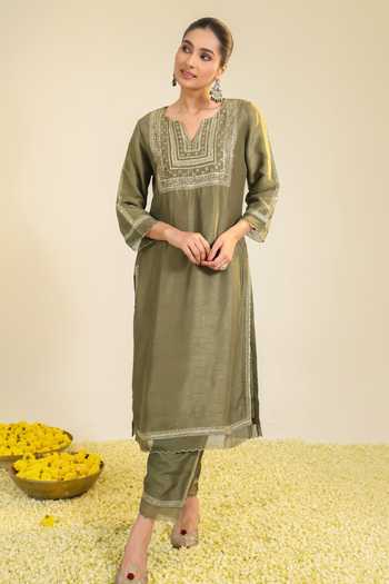 Shop Roohbyridhimaa Olive Green Silk, Organza, Viscose Split Sage Mughal Embroidered Kurta Set Shop_Roohbyridhimaa_Olive Green Silk, Organza, Viscose Split Sage Mughal Embroidered Kurta Set