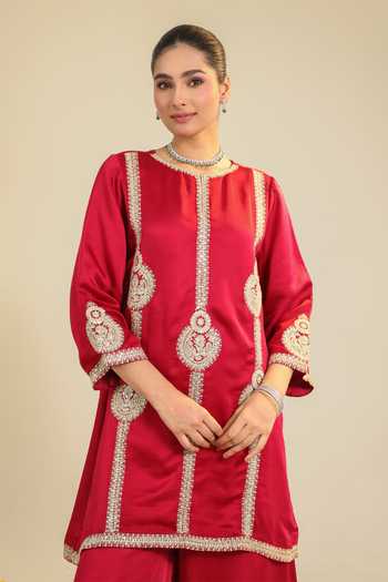 Buy Roohbyridhimaa Red Chanderi, Silk Satin Sequins, Zari Zainaa Embroidered Kurta Palazzo Set Online at Aza Fashions Buy_Roohbyridhimaa_Red Chanderi, Silk Satin Sequins, Zari Zainaa Embroidered Kurta Palazzo Set _Online_at_Aza_Fashions