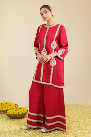 Shop Roohbyridhimaa Red Chanderi, Silk Satin Sequins, Zari Zainaa Embroidered Kurta Palazzo Set Online at Aza Fashions Shop_Roohbyridhimaa_Red Chanderi, Silk Satin Sequins, Zari Zainaa Embroidered Kurta Palazzo Set _Online_at_Aza_Fashions