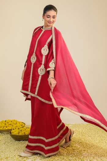 Roohbyridhimaa Red Chanderi, Silk Satin Sequins, Zari Zainaa Embroidered Kurta Palazzo Set at Aza Fashions Roohbyridhimaa_Red Chanderi, Silk Satin Sequins, Zari Zainaa Embroidered Kurta Palazzo Set _at_Aza_Fashions