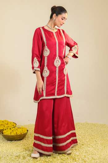 Buy Roohbyridhimaa Red Chanderi, Silk Satin Sequins, Zari Zainaa Embroidered Kurta Palazzo Set Buy_Roohbyridhimaa_Red Chanderi, Silk Satin Sequins, Zari Zainaa Embroidered Kurta Palazzo Set