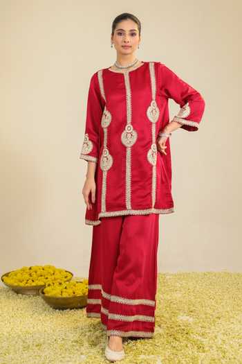 Shop Roohbyridhimaa Red Chanderi, Silk Satin Sequins, Zari Zainaa Embroidered Kurta Palazzo Set Shop_Roohbyridhimaa_Red Chanderi, Silk Satin Sequins, Zari Zainaa Embroidered Kurta Palazzo Set
