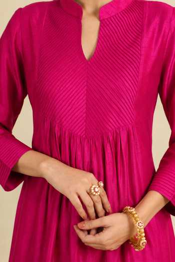 Shop Roohbyridhimaa Pink Silk, Organza, Viscose Mandarin Gumaan Kurta Set With Embroidered Dupatta Online at Aza Fashions Shop_Roohbyridhimaa_Pink Silk, Organza, Viscose Mandarin Gumaan Kurta Set With Embroidered Dupatta _Online_at_Aza_Fashions