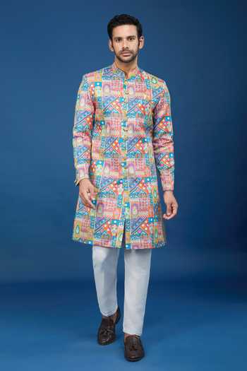 Shop Arihant Rai Sinha Orange Silk, Polyester, Viscose Embroidery, Sequins Floral Pattern Sherwani Set Online at Aza Fashions Shop_Arihant Rai Sinha_Orange Silk, Polyester, Viscose Embroidery, Sequins Floral Pattern Sherwani Set _Online_at_Aza_Fashions