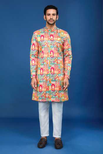 Buy_Arihant Rai Sinha_Orange Silk, Polyester, Viscose Embroidery, Sequins Flower Pattern Sherwani Set _Online_at_Aza_Fashions