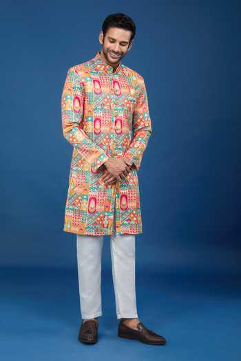 Shop_Arihant Rai Sinha_Orange Silk, Polyester, Viscose Embroidery, Sequins Flower Pattern Sherwani Set _Online_at_Aza_Fashions