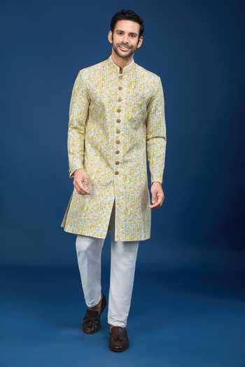 Buy_Arihant Rai Sinha_Yellow Silk, Polyester, Viscose Embroidery, Geometric Pattern Sherwani Set _Online_at_Aza_Fashions