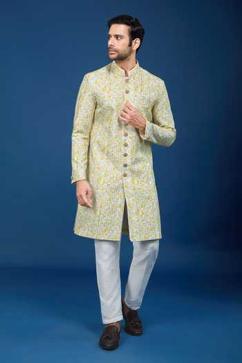 Shop_Arihant Rai Sinha_Yellow Silk, Polyester, Viscose Embroidery, Geometric Pattern Sherwani Set _Online_at_Aza_Fashions