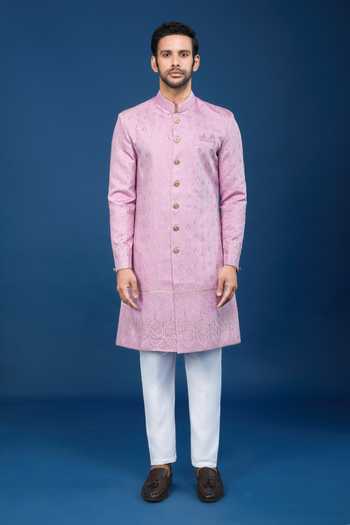 Buy Arihant Rai Sinha Pink Silk, Polyester, Viscose Embroidery, Sequins Leaflet Sherwani Set Online at Aza Fashions Buy_Arihant Rai Sinha_Pink Silk, Polyester, Viscose Embroidery, Sequins Leaflet Sherwani Set _Online_at_Aza_Fashions