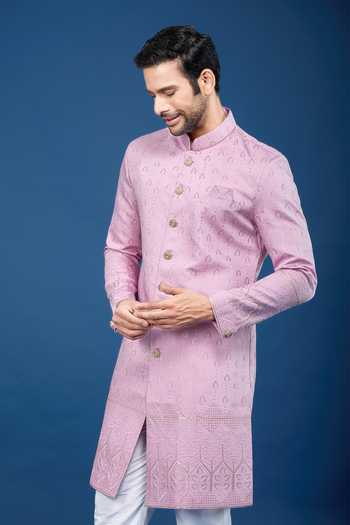 Arihant Rai Sinha Pink Silk, Polyester, Viscose Embroidery, Sequins Leaflet Sherwani Set at Aza Fashions Arihant Rai Sinha_Pink Silk, Polyester, Viscose Embroidery, Sequins Leaflet Sherwani Set _at_Aza_Fashions