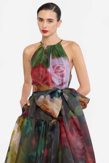 Shop Gauri & Nainika Green Organza Halter Neck Floral Print Dress With Belt Online at Aza Fashions Shop_Gauri & Nainika_Green Organza Halter Neck Floral Print Dress With Belt _Online_at_Aza_Fashions