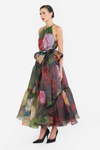 Gauri & Nainika Green Organza Halter Neck Floral Print Dress With Belt at Aza Fashions Gauri & Nainika_Green Organza Halter Neck Floral Print Dress With Belt _at_Aza_Fashions