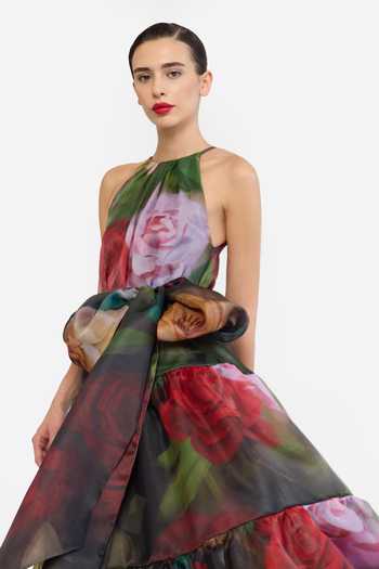 Buy Gauri & Nainika Green Organza Halter Neck Floral Print Dress With Belt Buy_Gauri & Nainika_Green Organza Halter Neck Floral Print Dress With Belt