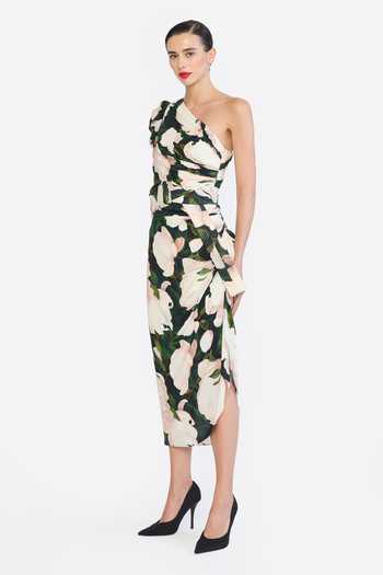 Gauri & Nainika Green Crepe One Shoulder Printed Dress With Belt Online at Aza Fashions Gauri & Nainika_Green Crepe One Shoulder Printed Dress With Belt _Online_at_Aza_Fashions