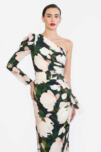 Buy Gauri & Nainika Green Crepe One Shoulder Printed Dress With Belt Online at Aza Fashions Buy_Gauri & Nainika_Green Crepe One Shoulder Printed Dress With Belt _Online_at_Aza_Fashions