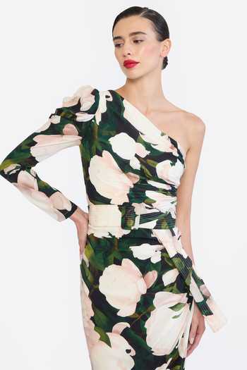 Shop Gauri & Nainika Green Crepe One Shoulder Printed Dress With Belt Online at Aza Fashions Shop_Gauri & Nainika_Green Crepe One Shoulder Printed Dress With Belt _Online_at_Aza_Fashions