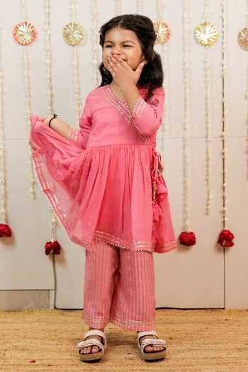 Shop_Tiny Colour_Pink Cotton, Georgette, Cambric Embellished Angrakha And Pant Set _Online_at_Aza_Fashions