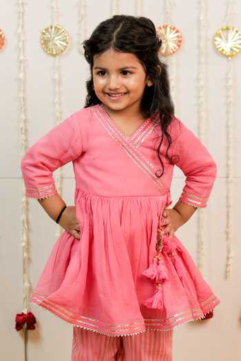 Tiny Colour_Pink Cotton, Georgette, Cambric Embellished Angrakha And Pant Set _at_Aza_Fashions