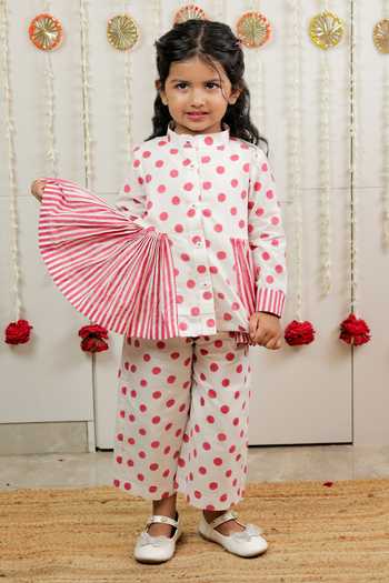 Tiny Colour_Pink Cotton Polka Dot Print Peplum Top And Pant Set _Online_at_Aza_Fashions