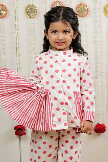 Buy_Tiny Colour_Pink Cotton Polka Dot Print Peplum Top And Pant Set _Online_at_Aza_Fashions