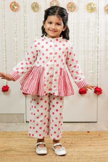 Shop_Tiny Colour_Pink Cotton Polka Dot Print Peplum Top And Pant Set _Online_at_Aza_Fashions