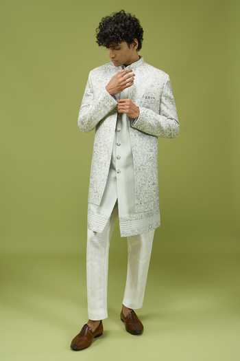 Shop Arihant Rai Sinha Green Silk, Dupion Sherwani Set Shop_Arihant Rai Sinha_Green Silk, Dupion Sherwani Set