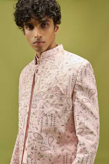 Shop Arihant Rai Sinha Pink Silk, Dupion Sherwani Kurta And Pant Set Shop_Arihant Rai Sinha_Pink Silk, Dupion Sherwani Kurta And Pant Set