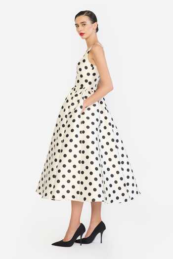 Buy Gauri & Nainika Black Square Neck Polka Dot Print Midi Dress Buy_Gauri & Nainika_Black Square Neck Polka Dot Print Midi Dress