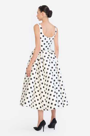 Shop Gauri & Nainika Black Square Neck Polka Dot Print Midi Dress Shop_Gauri & Nainika_Black Square Neck Polka Dot Print Midi Dress