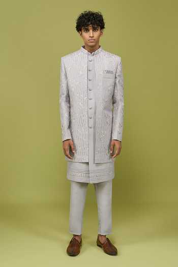 Shop Arihant Rai Sinha Grey Silk, Dupion Pattern Pc Sherwani Set Online at Aza Fashions Shop_Arihant Rai Sinha_Grey Silk, Dupion Pattern Pc Sherwani Set _Online_at_Aza_Fashions