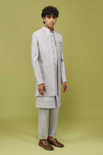 Arihant Rai Sinha Grey Silk, Dupion Pattern Pc Sherwani Set at Aza Fashions Arihant Rai Sinha_Grey Silk, Dupion Pattern Pc Sherwani Set _at_Aza_Fashions