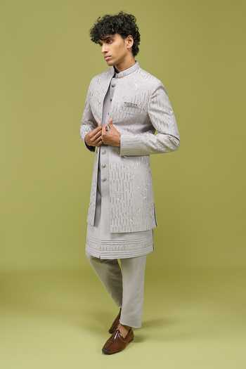 Buy Arihant Rai Sinha Grey Silk, Dupion Pattern Pc Sherwani Set Buy_Arihant Rai Sinha_Grey Silk, Dupion Pattern Pc Sherwani Set