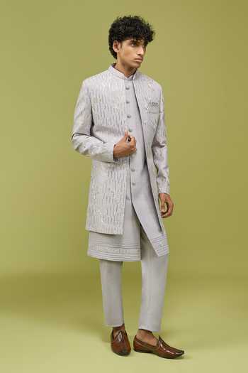 Shop Arihant Rai Sinha Grey Silk, Dupion Pattern Pc Sherwani Set Shop_Arihant Rai Sinha_Grey Silk, Dupion Pattern Pc Sherwani Set