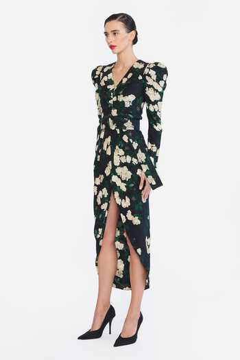 Gauri & Nainika Multi Color Crepe V-neck Floral Print Dress With Belt Online at Aza Fashions Gauri & Nainika_Multi Color Crepe V-neck Floral Print Dress With Belt _Online_at_Aza_Fashions