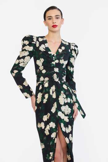 Buy Gauri & Nainika Multi Color Crepe V-neck Floral Print Dress With Belt Online at Aza Fashions Buy_Gauri & Nainika_Multi Color Crepe V-neck Floral Print Dress With Belt _Online_at_Aza_Fashions