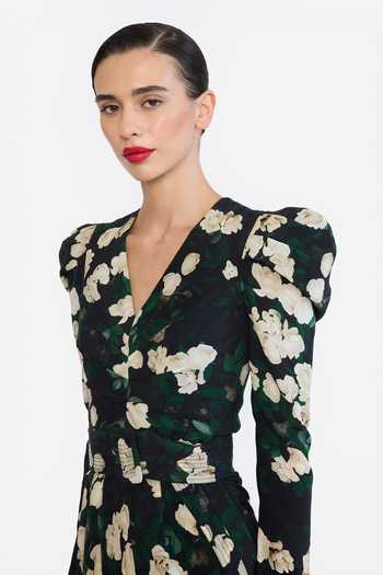 Shop Gauri & Nainika Multi Color Crepe V-neck Floral Print Dress With Belt Online at Aza Fashions Shop_Gauri & Nainika_Multi Color Crepe V-neck Floral Print Dress With Belt _Online_at_Aza_Fashions