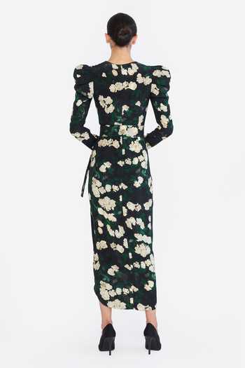 Gauri & Nainika Multi Color Crepe V-neck Floral Print Dress With Belt at Aza Fashions Gauri & Nainika_Multi Color Crepe V-neck Floral Print Dress With Belt _at_Aza_Fashions