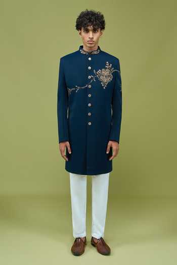 Buy_Arihant Rai Sinha_Navy Silk Embroidered Sherwani And Pant Set _Online_at_Aza_Fashions