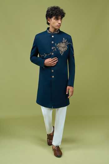 Shop_Arihant Rai Sinha_Navy Silk Embroidered Sherwani And Pant Set _Online_at_Aza_Fashions