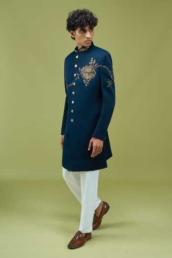 Arihant Rai Sinha_Navy Silk Embroidered Sherwani And Pant Set _at_Aza_Fashions