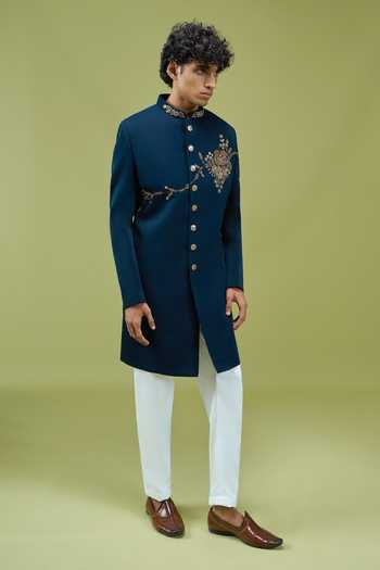 Shop_Arihant Rai Sinha_Navy Silk Embroidered Sherwani And Pant Set 