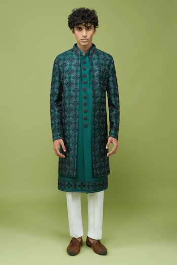 Shop Arihant Rai Sinha Green Silk, Dupion Sherwani Set Online at Aza Fashions Shop_Arihant Rai Sinha_Green Silk, Dupion Sherwani Set _Online_at_Aza_Fashions