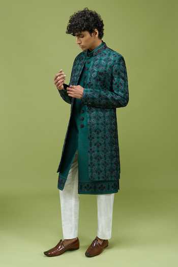 Shop Arihant Rai Sinha Green Silk, Dupion Sherwani Set Shop_Arihant Rai Sinha_Green Silk, Dupion Sherwani Set