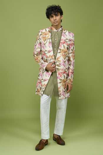 Shop_Arihant Rai Sinha_Off White Silk, Dupion Stylized Floral Jacket Kurta And Pant Set _Online_at_Aza_Fashions
